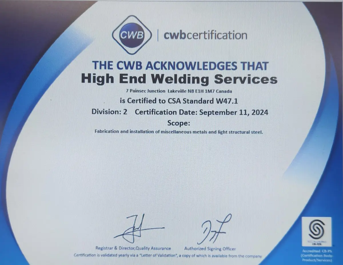 CWB Certification certificate for High End Welding Services, CSA Standard W47.1, Division 2