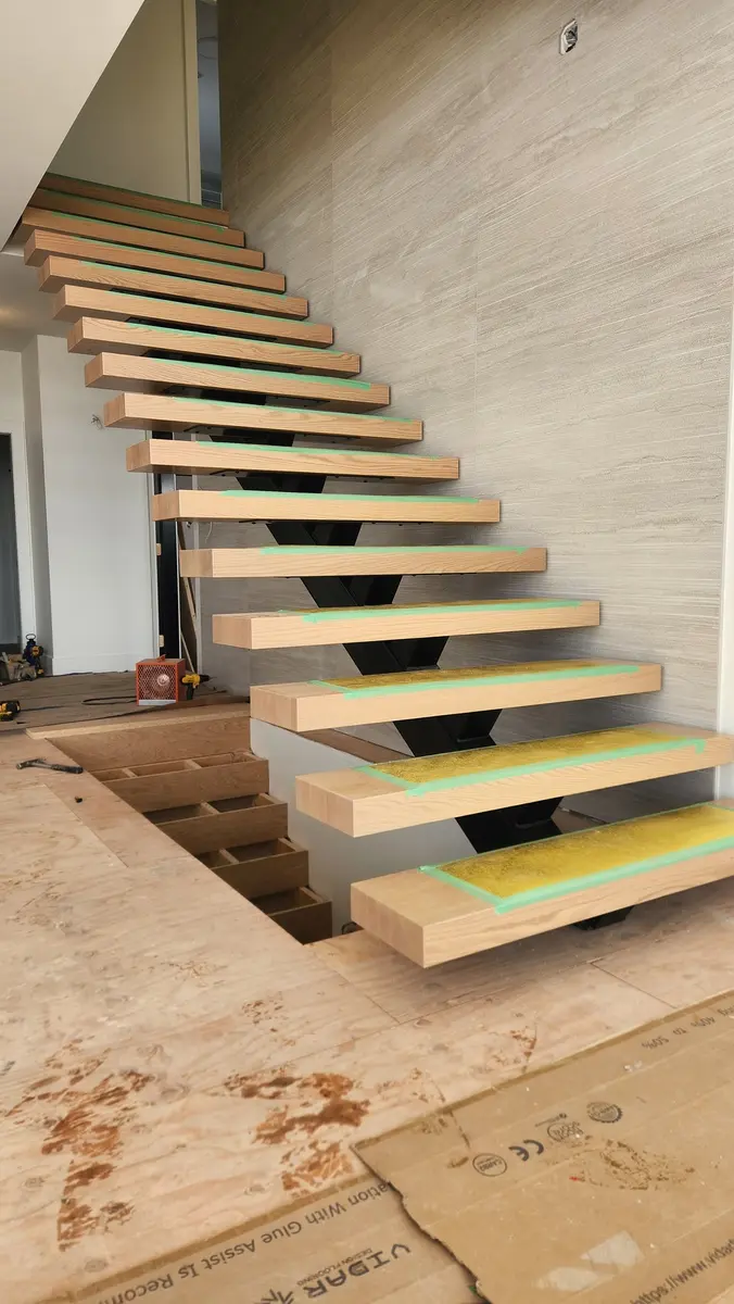 Luxury floating staircase under construction with thick oak treads on black steel mono-stringer