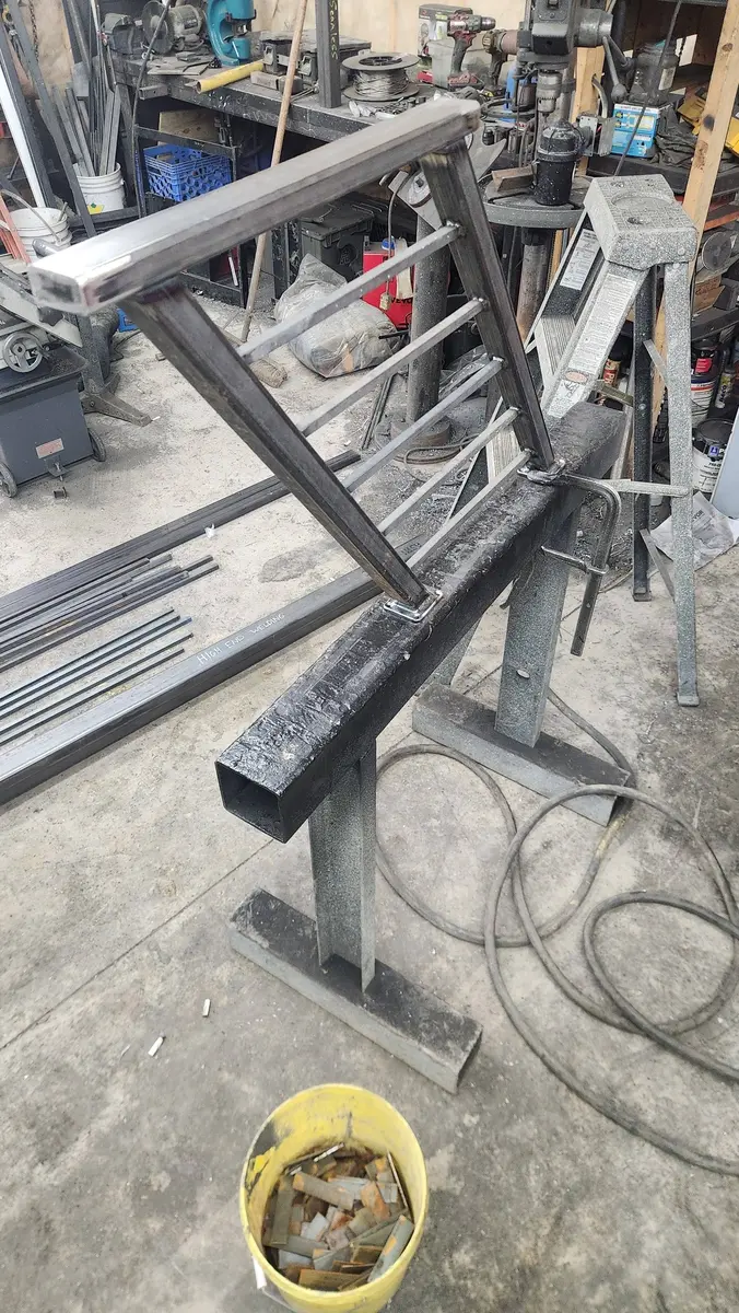 Railing frame on welding jig