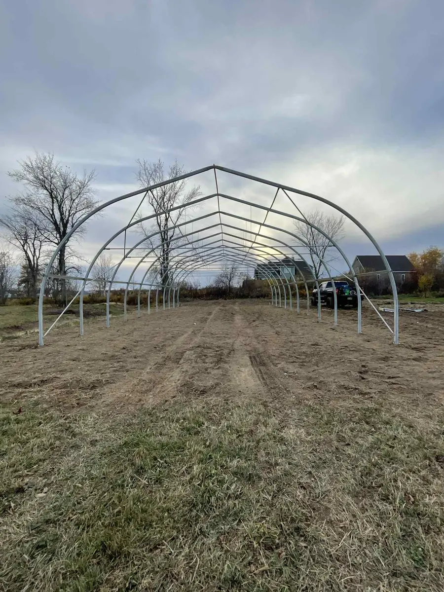 Interior view of steel greenhouse hoop frame showing full span and purlins